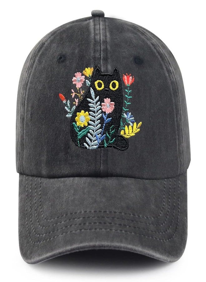 AIMASTZ Flower Black Cat Hat,Embroidered Adjustable Cotton Baseball Cap for Men Women,Gifts for Cat Lovers,Black - Image 1